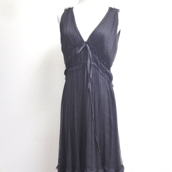 Zara black silk sheer 100% silk goddess v neck v back ribbon ties midi dress L - Picture 1 of 5